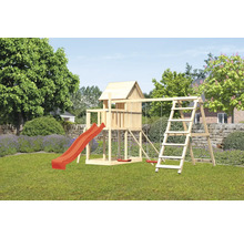 Holzspielhaus mit Rutsche und Schaukel im Garten