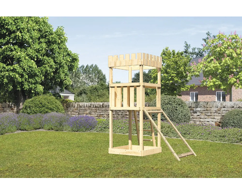 Spielturm Spielhaus Karibu Löwenherz 107 x 107 cm Holz bestehend aus Netzrampe Spielturm aus Holz mit Leiter im Garten
