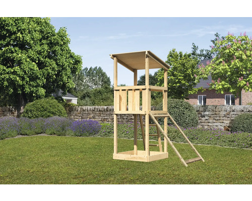 Spielturm Spielhaus Karibu Anna 107 x 107 cm Holz holz bestehend aus Netzrampe Spielturm aus Holz mit Leiter im Garten