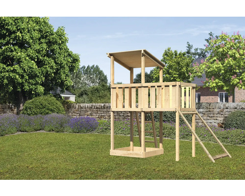 Spielturm Spielhaus Karibu Anna 107 x 107 cm Holz bestehend aus Anbau, Netzrampe Spielturm aus Holz mit Leiter im Garten