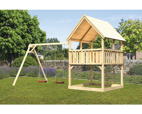 Spielturm Spielhaus Karibu Luis 200 x 200 cm Holz bestehend aus 2 Brettschaukeln Spielturm aus Holz mit Schaukel und Sandkasten für den Garten