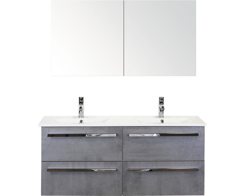 Badmöbel-Set Sanox Seville Keramik 170x121x46 cm Doppel-Keramikwaschbecken 4 Schubladen Beton anthrazit mit Spiegelschrank Badmöbel-Set Sanox Seville Keramik 170x121x46 cm Doppel-Keramikwaschbecken 4 Schubladen Beton anthrazit mit Spiegelschrank