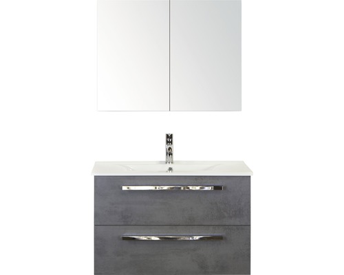 Badmöbel-Set Sanox Seville Keramik 170x81x46 cm Keramikwaschbecken Beton anthrazit mit Spiegelschrank