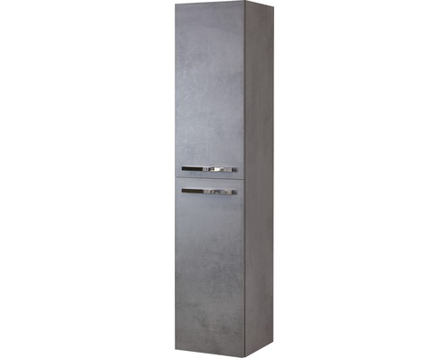 Grauer Badezimmer Hochschrank mit zwei Türen und Griffen.