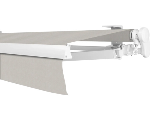 SOLUNA Gelenkarmmarkise Proof 5x3,5 Stoff Dessin 6196 Gestell RAL 9010 reinweiß Antrieb rechts inkl. Kurbel