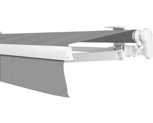 SOLUNA Gelenkarmmarkise Proof 4,5x3 Stoff Dessin 8396 Gestell RAL 9010 reinweiß Antrieb rechts inkl. Kurbel
