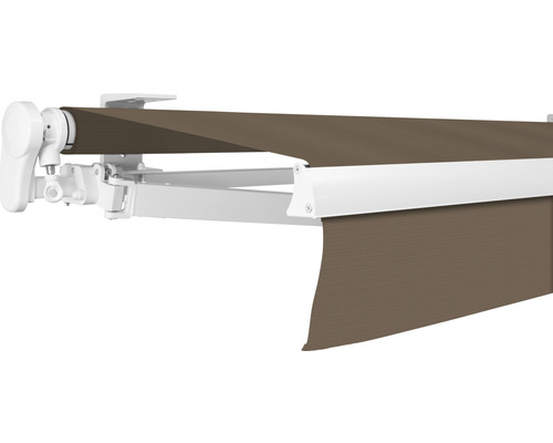 SOLUNA Gelenkarmmarkise Proof 4,5x3 Stoff Dessin 7559 Gestell RAL 9010 reinweiß Antrieb links inkl. Kurbel