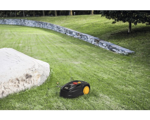 Rasenmähroboter auf Rasenfläche im Garten