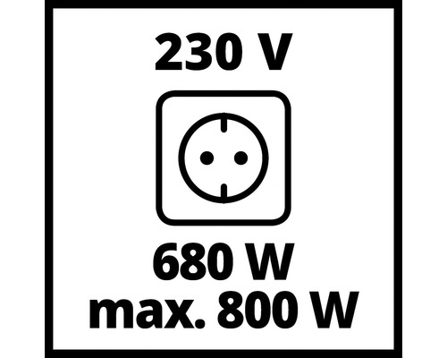 Symbol für 230 Volt Spannung, Steckdose, 680 Watt, maximal 800 Watt