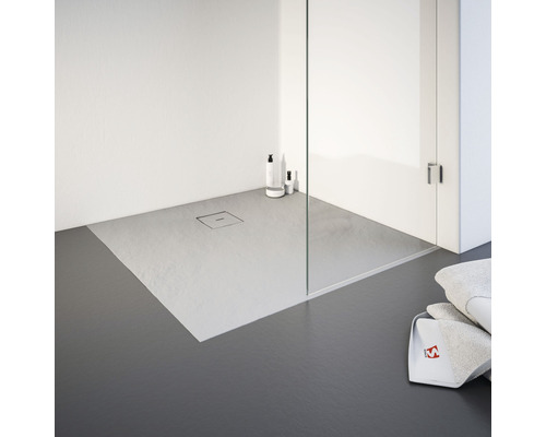 Extraflache Duschwanne Schulte Plan ExpressPlus EP216090 117 90x90x4 cm grau Ebenerdige Dusche mit Duschrinne, Duschabtrennung und Handtüchern