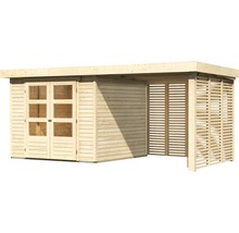 Gartenhaus Karibu Kodiak 3,5 inkl. Anbaudach 2,4 m, Feuerholzoption 491 x 262 cm natur