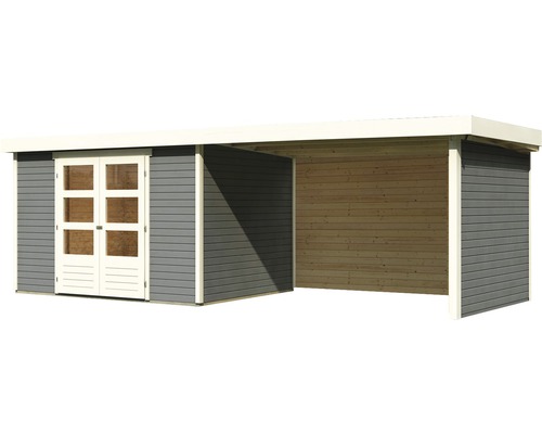 Modernes Gartenhaus mit Doppeltür und Anbau aus Holz