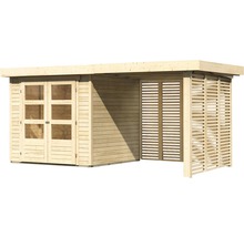 Holzgartenhaus mit Doppeltür und seitlichem Anbau