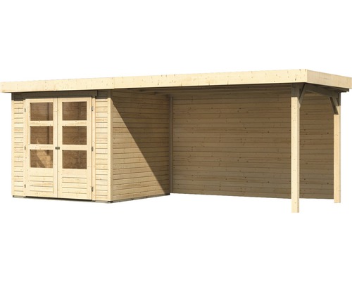 Gartenhaus aus Holz mit Doppeltür und Anbau