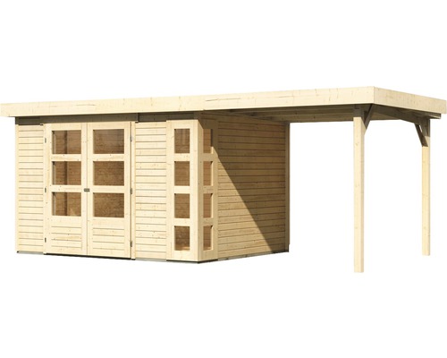 Holzgartenhaus mit Vordach und Glastüren