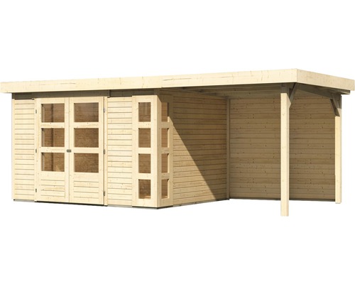 Gartenhaus mit Anbau aus Holz und Glastüren