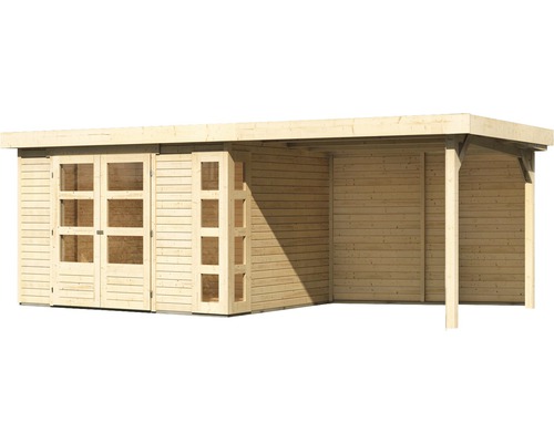 Holzgartenhaus mit Doppeltür und seitlichem Unterstand