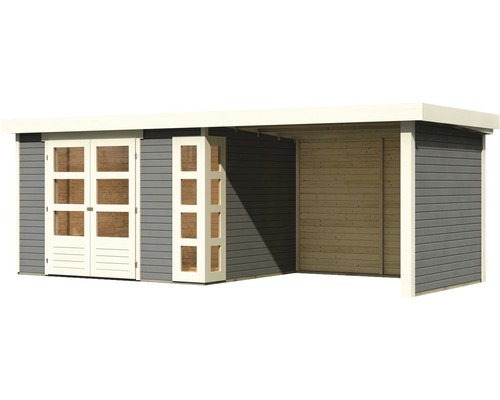Holzgartenhaus mit Doppeltür und seitlichem Anbau