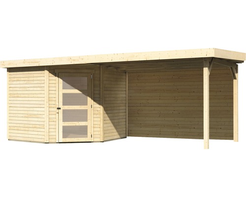 Holzgartenhaus mit Überdachung und Tür mit Fenstereinsätzen