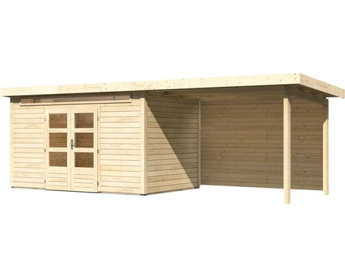 Holzgartenhaus mit Doppeltür und Vordach.