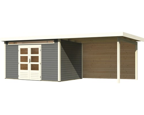 Gartenhaus mit Doppeltür und überdachtem Bereich aus Holz