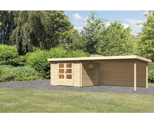 Gartenhaus Karibu Tossens 3 inkl. Anbaudach 4,4 m, Rückwand 716,5 x 333 cm natur Gartenhaus mit Anbau im Garten