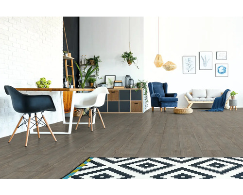 Wohnraum mit Laminatboden, Esstisch, Stühlen, Sofa und Dekoration