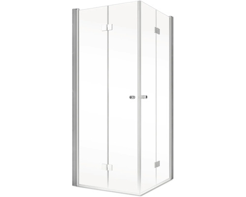Eckdusche mit Glasfront und silberfarbenem Rahmen