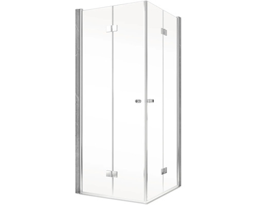 Eckdusche mit klaren Glasscheiben und silberfarbenen Beschlägen