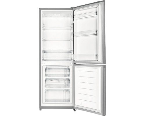 Geöffneter Kühlschrank mit Gefrierfach und Regalen