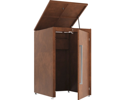 Offener Gartenschrank mit Regalböden und Stange