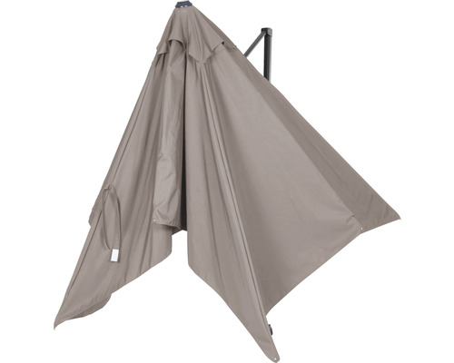 Beigefarbener Ampelschirm mit schwarzer Halterung