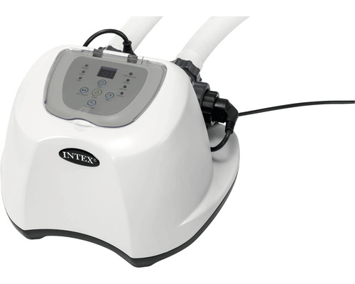 Salzwassersystem Intex Krystal Clear 26668 für Pools bis 26.500 l Intex Logo auf einer Poolheizung mit zwei Schläuchen und Bedienfeld