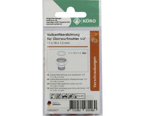 Vulkanfiberdichtung für Überwurfmutter, 11 x 18 x 1,5 Millimeter