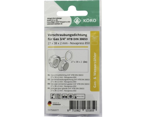 Gasverschraubungsdichtung 3/4 Zoll HTB DIN 30653, 27 x 38 x 2 Millimeter, Novapress 850