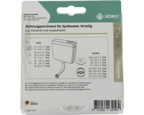 Dichtungssortiment für Spülkasten, 16-teilig, inklusive Füllventil und Auslaufventil