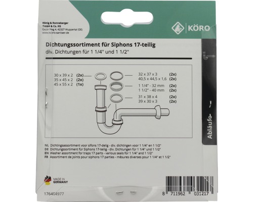 Dichtungssortiment für Siphons, 17-teilig, diverse Dichtungen für 1 1/4 Zoll und 1 1/2 Zoll