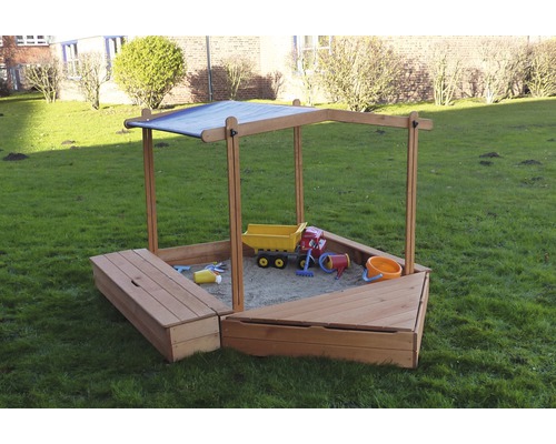 Sandkasten Multi mit Bugbox, Sitzbox und Dach Holz 172 x 260 x 131 cm braun Sandkasten mit Dach und Spielzeug im Garten