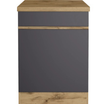 Frontansicht eines grauen Badezimmerschranks mit Holzstruktur