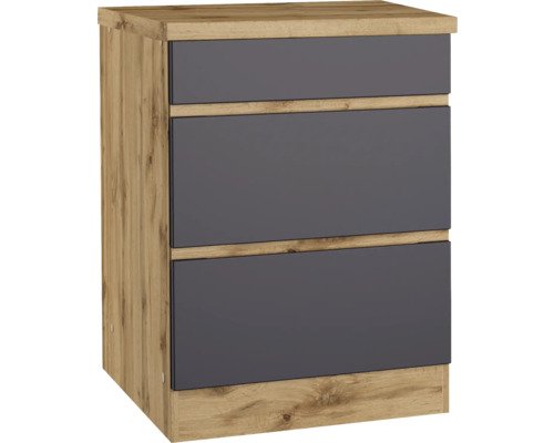 Auszugunterschrank Held Möbel PISA 60x60x86 cm grau matt/wildeiche Nachttisch mit drei Schubladen in Holzoptik und dunklen Schubladenfronten