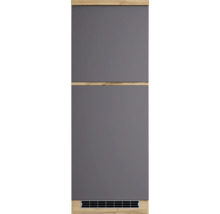 Grauer Küchenschrank mit Holzrahmen und integriertem Lüftungsgitter