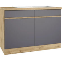 Unterschrank mit zwei grauen Türen und Holzelementen