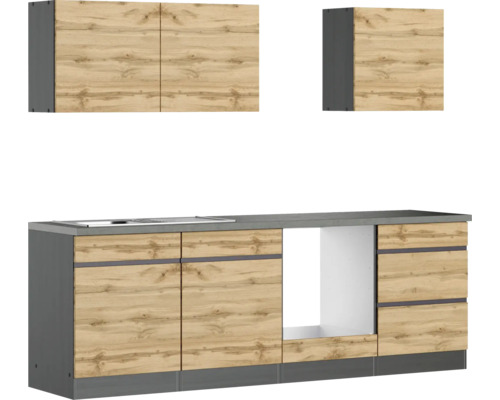 Küchenblock Held Möbel PISA 240 cm wildeiche matt/graphit Küchenzeile mit Spüle und Hängeschränken