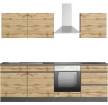 Küchenzeile mit Hängeschränken, Dunstabzugshaube, Herd und Spüle