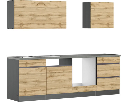 Küchenblock Held Möbel PISA 240 cm wildeiche matt/graphit Küchenzeile mit Ober- und Unterschränken im modernen Design
