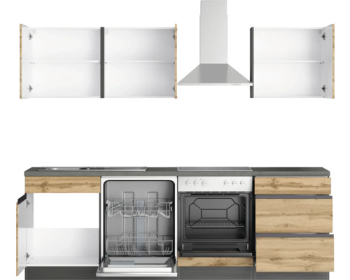 Küchenzeile mit Spülmaschine, Backofen, Dunstabzugshaube und Schränken