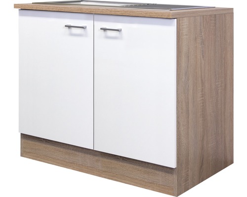 Spülenunterschrank Flex Well Samoa/Murano weiß/Eiche 100x85x60 cm mit Drehtür Unterschrank mit zwei Türen und Arbeitsplatte