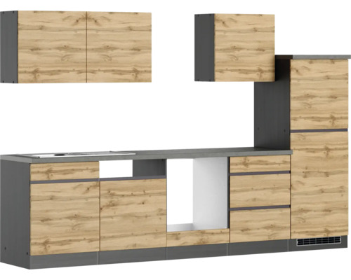 Küchenblock Held Möbel PISA 300 cm wildeiche matt/graphit Küchenzeile mit Hängeschränken und Einbaugeräten