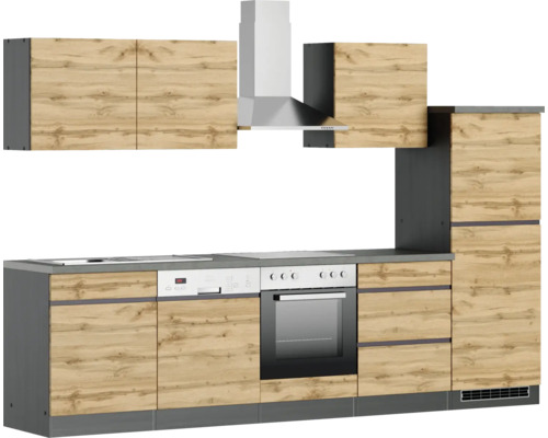 Komplette Küche mit Hängeschränken, Dunstabzugshaube, Spüle, Geschirrspüler und Backofen