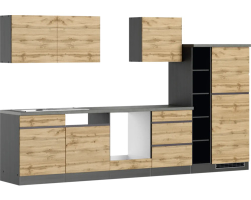 Küchenblock Held Möbel PISA 330 cm wildeiche matt/graphit Komplette Küchenzeile mit Unter- und Oberschränken in Holzoptik und grauen Elementen